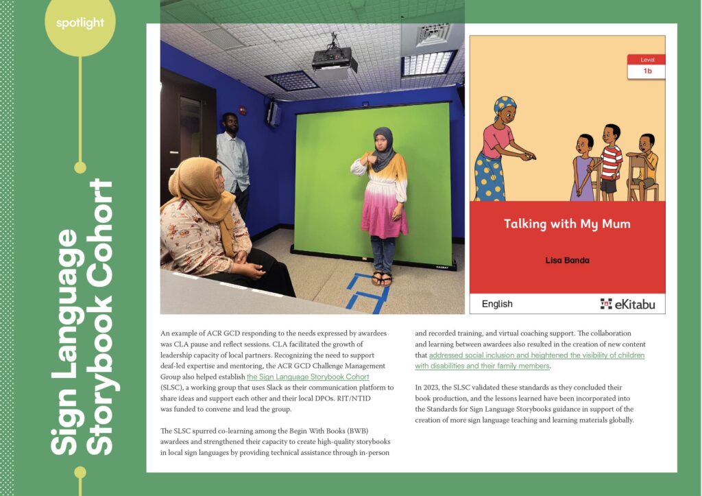 A page excerpt from the ACR GCD final report with images and text describing the sign language storybook cohort.